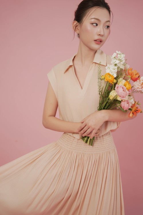 Sixdo Pink Skin Organza Flared Skirt